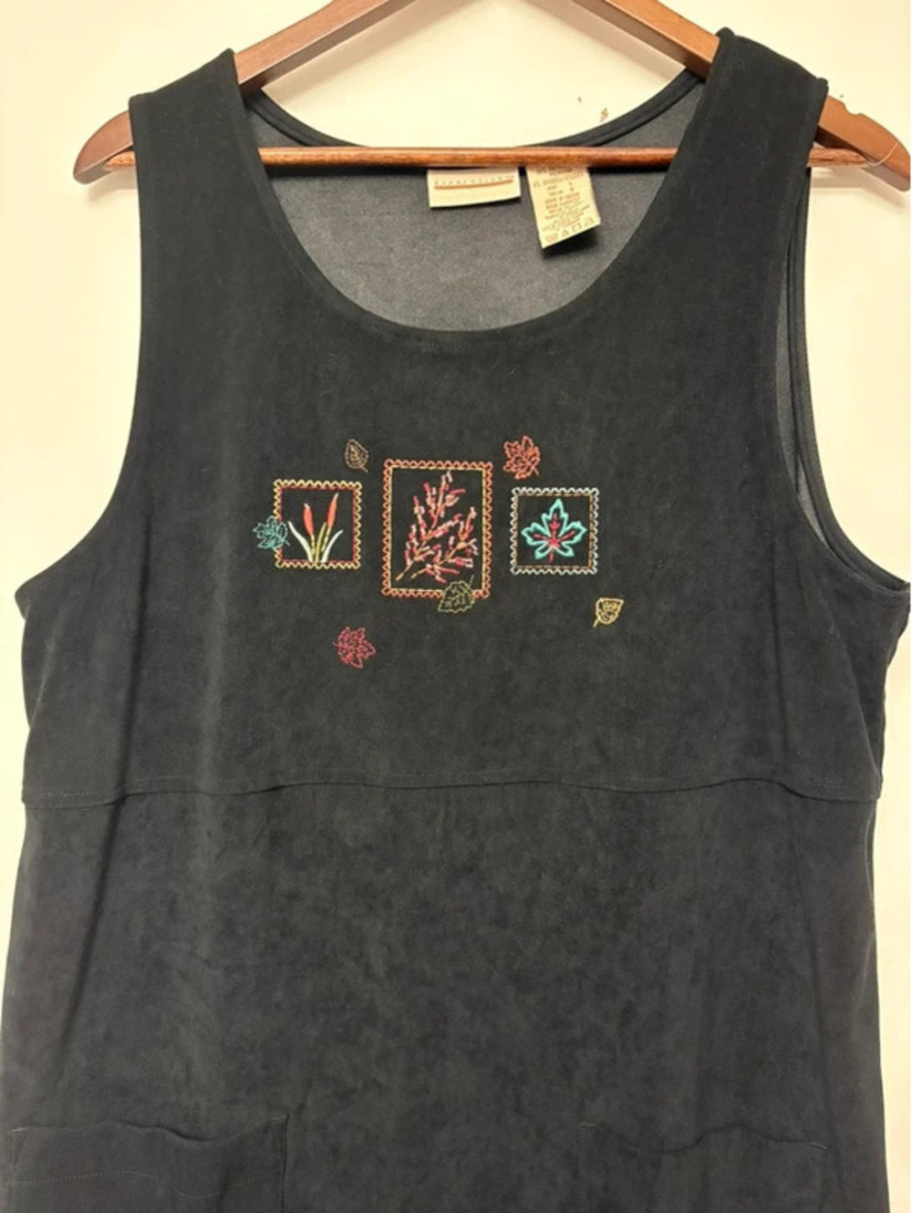 Vintage 90s Expressions Black Faux Suede Embroidered Maxi Dress Large